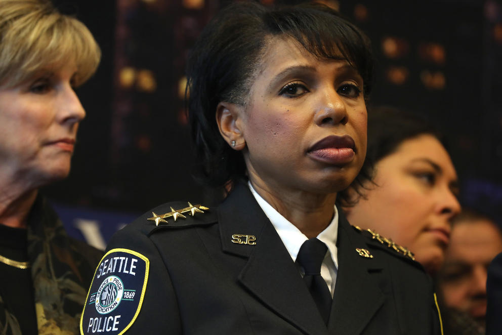 Acting Police Chief Carmen Best, with Mayor Jenny Durkan on the left, at a news conference on Dec. 7, 2017, announcing she would be serving as interim police chief starting Jan. 1, 2018.