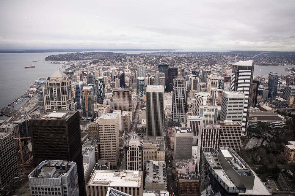 Seattle skyline seen from Columbia Tower in Seattle, Jan. 19, 2018.