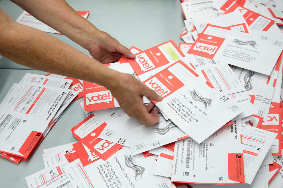 Ballot envelopes are sorted at a King County Elections office in Renton, WA