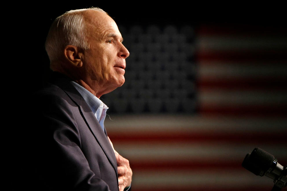 In this Oct. 11, 2008, file photo, Republican presidential candidate Sen. John McCain, R-Ariz., speaks at a rally in Davenport, Iowa. Arizona Sen. McCain, the war hero who became the GOP's standard-bearer in the 2008 election, has died. He was 81. His office says McCain died Saturday, Aug. 25, 2018. He had battled brain cancer. (AP Photo/Gerald Herbert, File)