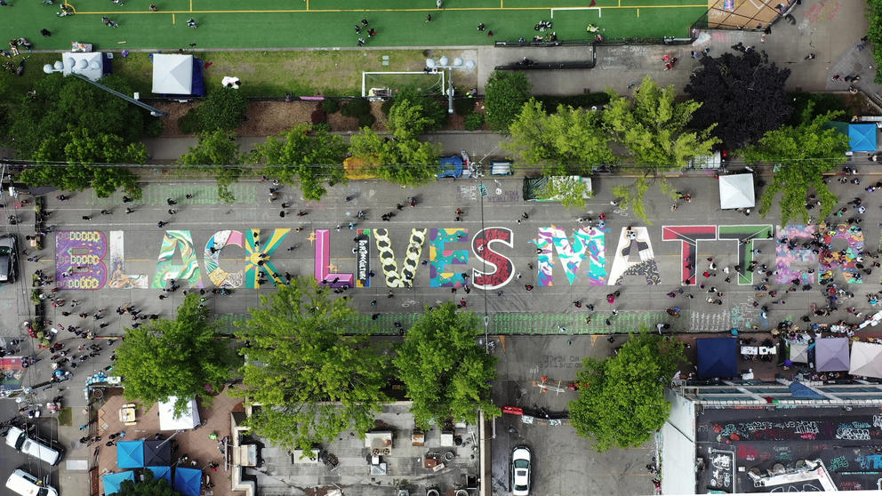 black lives matter mural painted on the street