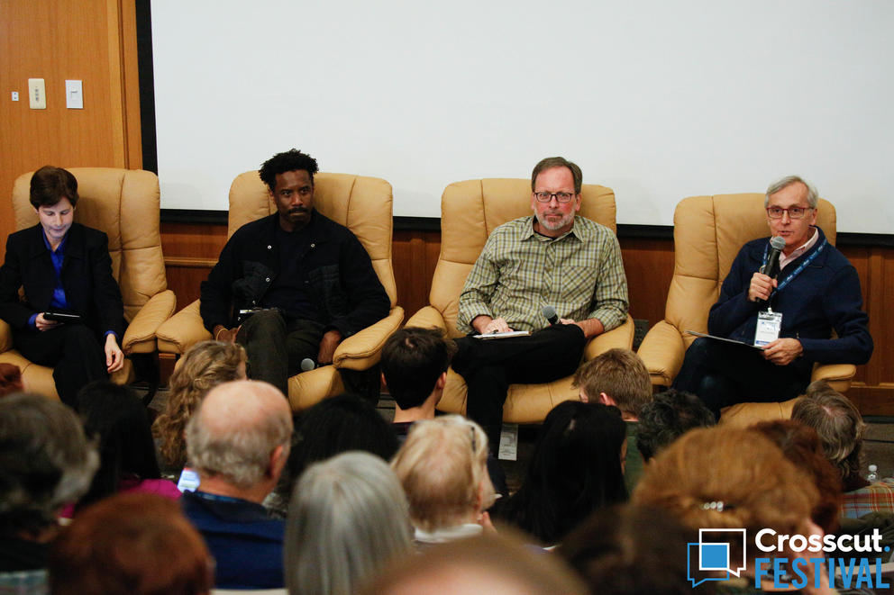 Anne Levinson, Rodney Hines, Mark Berejka discuss with moderator John Levesque during the 'Business Leaders as Social Justice Warriors' panel at Crosscut Festival 2018 in Seattle on Feb. 3, 2018.