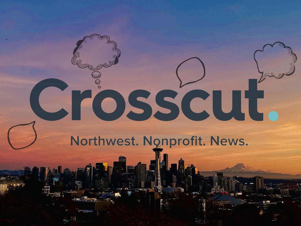 Crosscut logo with thought and speech bubbles over a Seattle sunset