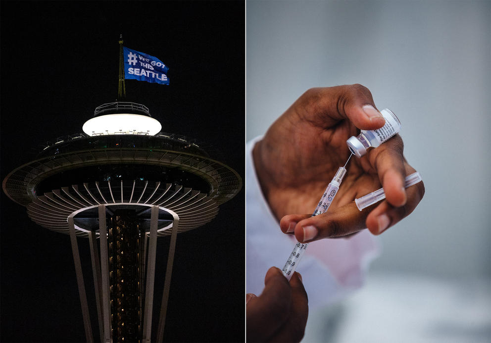 A splitscreen of the Space Needle on the left and a hand with a vaccine dose on the right 