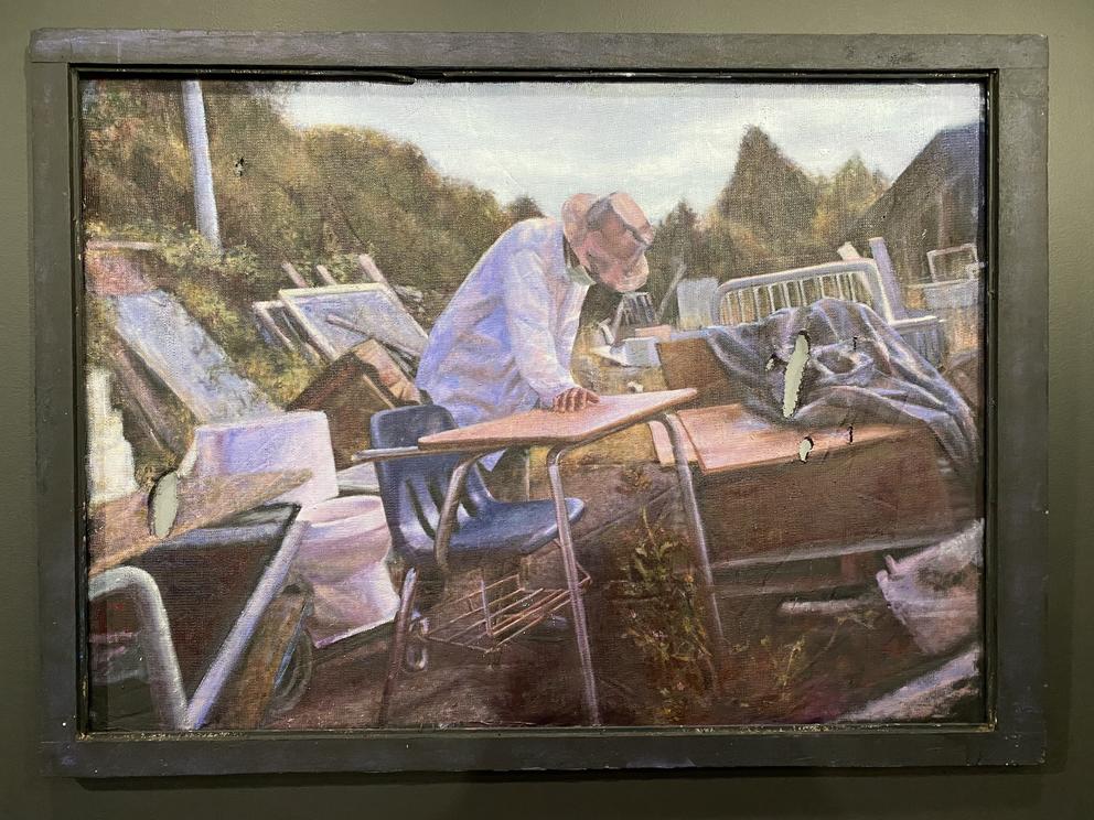 painting of a man in a salvage yard