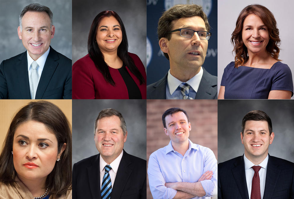 Top row, from left: Dow Constantine, Manka Dhingra, Bob Ferguson, Hilary Franz. Bottom row, from left: Lorena González, J.T. Wilcox, Noah Purcell, Drew Stokesbary.