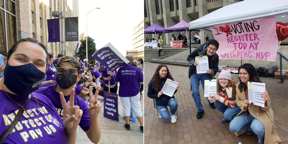 In a two-part photos, activists face the camera