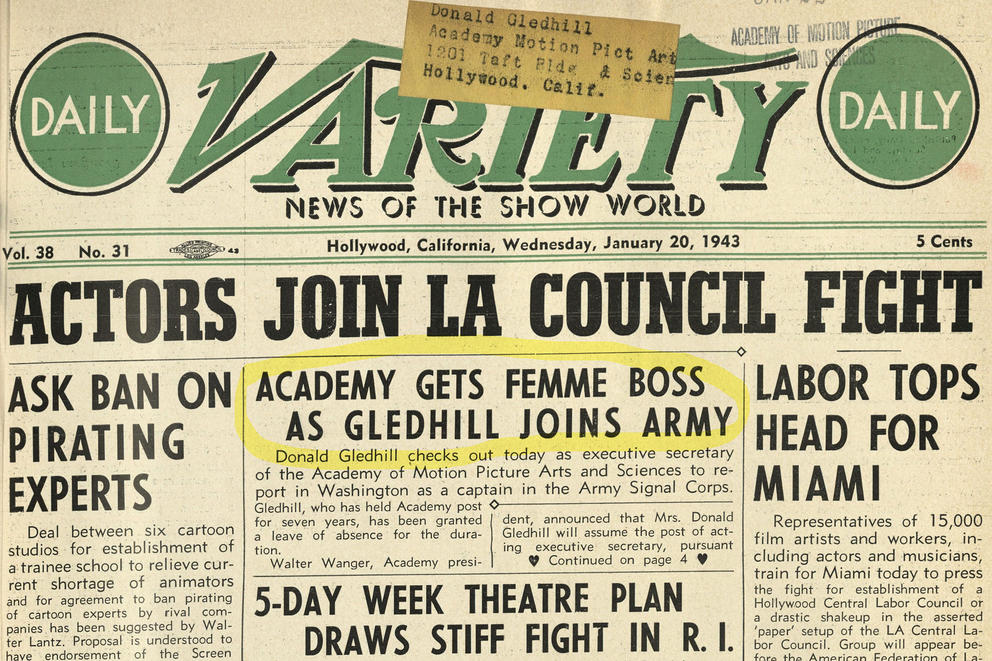 A 1943 cover of Variety magazine announcing the appointment of Margaret Herrick as the new "femme boss" of the Academy of Motion Picture Arts and Sciences