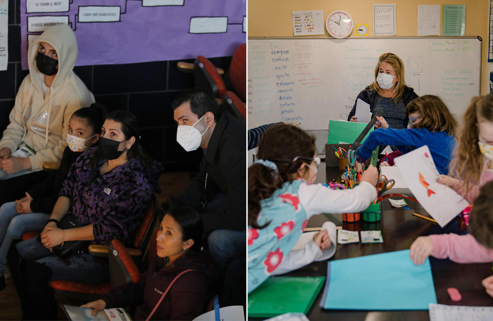 Two photos of masked students, families, and teachers 