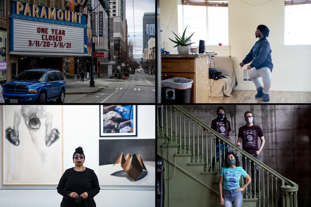 Four photos: Paramount Theatre marquee reads "One year closed 3/11/20-3/11/21," a man does a plié in a bright room, three people on staircase, and Royal Alley-Barnes