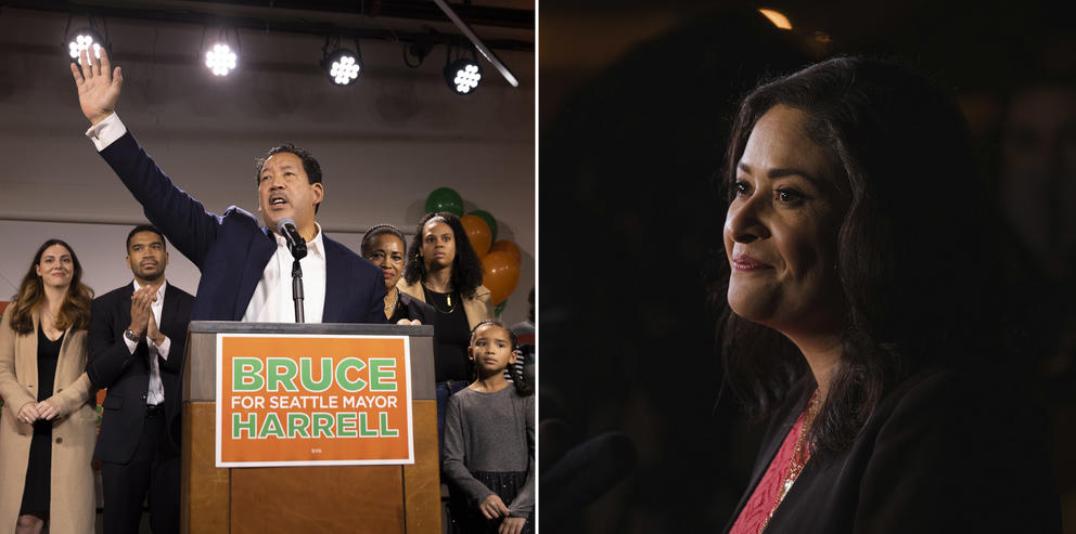 Two photos: Bruce Harrell at a podium with his family and friends, and Lorena González