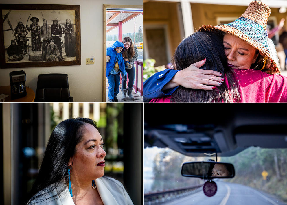 Four photos: Someone helping an elder through a door, Fawn Sharp hugging someone, Abigail Echohawk, and someone looking into a rearview mirror