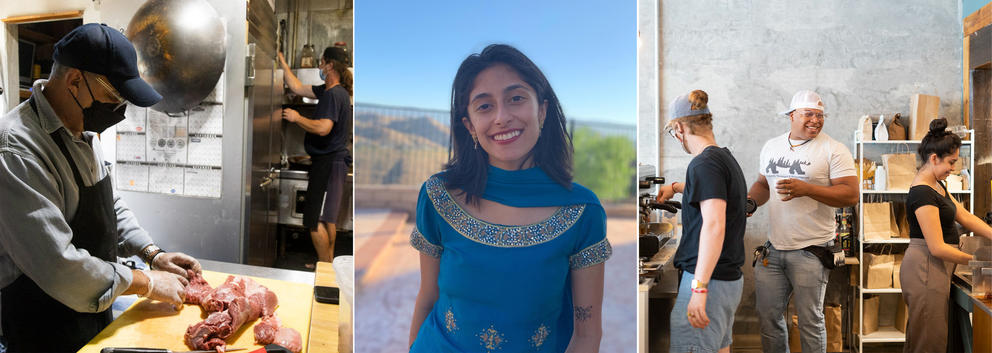 Three photos: 1) A cook slicing meat, 2) Portrait of reporter Maleeha Syed, and 3) Baristas laughing while working