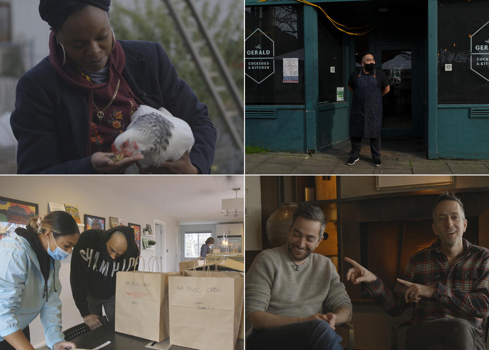 Four photos from top left: Nyema Clark hand-feeds a chicken, chef Wes Yoo outside The Gerald, Brian and Mark Canlis laughing, and WA BLOC volunteers packing groceries.