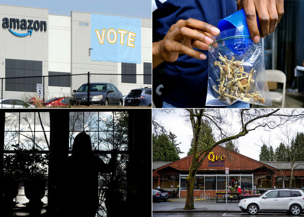 Clockwise: Amazon building, baggie of psychedelics, woman backlit by window, QFC storefront