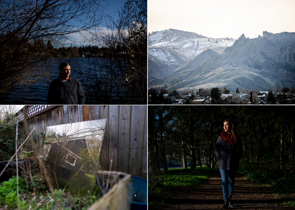 Four photos: Matt Remle, a photo of Two Bears rock in Wenatchee, Charlotte Coté, and the reflection of a building in a mirror in a garden.