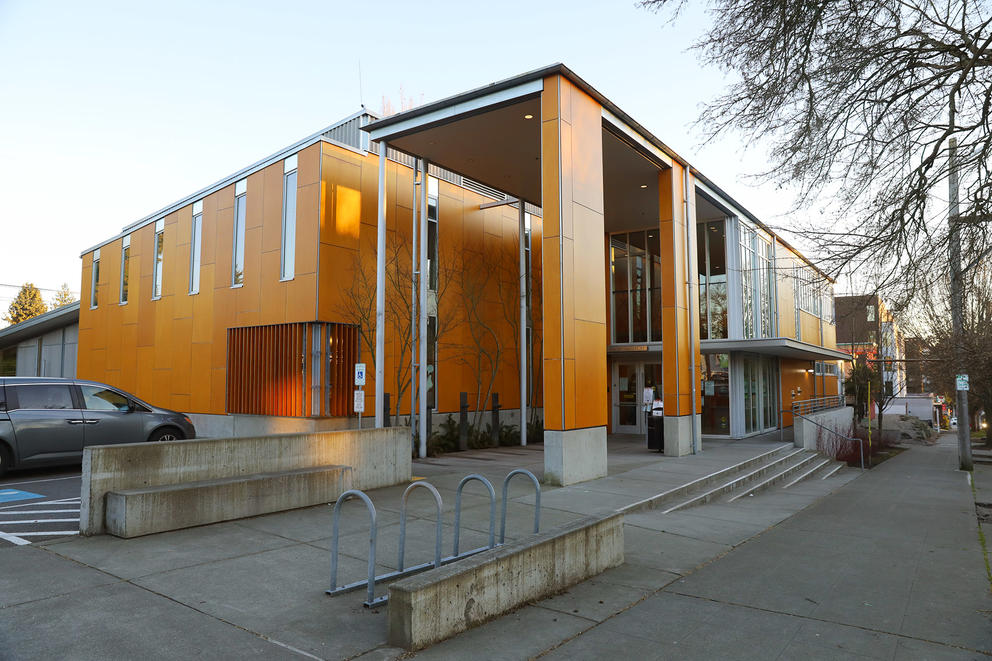 library with benches in the foreground during the day 