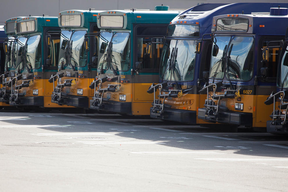 Buses are seen at King County Metro's Atlantic Base in Seattle, March 22, 2017. (Matt M. McKnight/Crosscut)