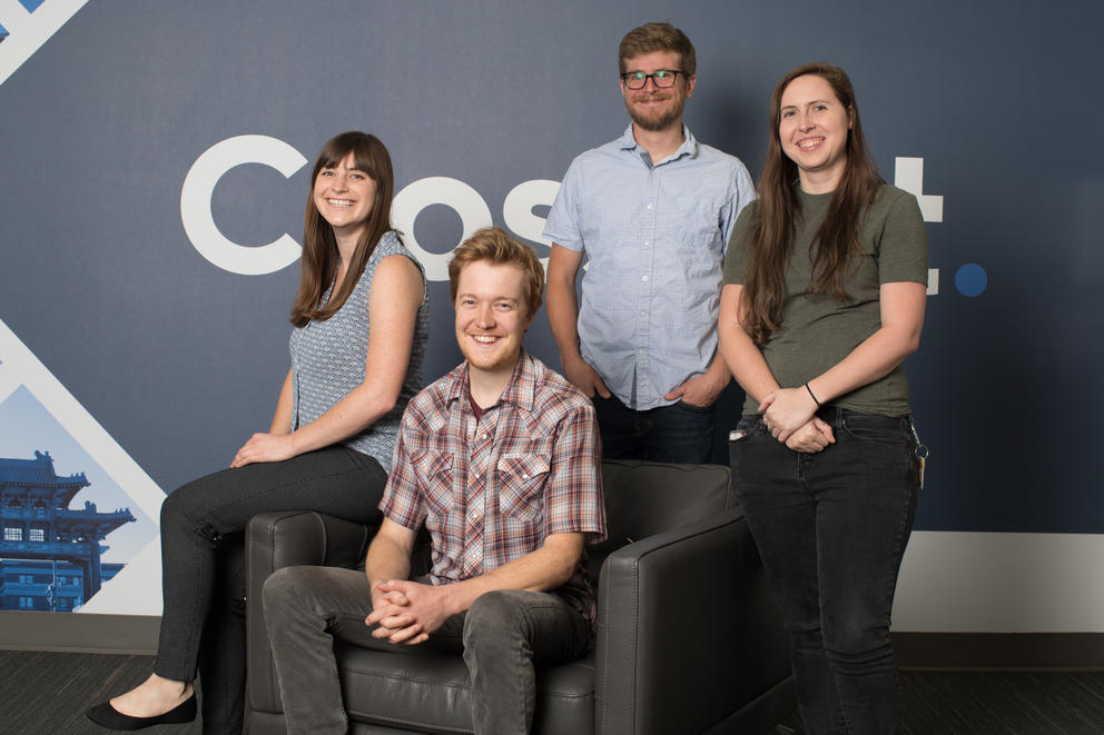 From left, producers Sarah Hoffman and Eric Keto, staff wruter Josh Cohen, and video editor/ motion graphics specialist Lindsay McLean. (Photo by Matt M. McKnight/Crosscut)