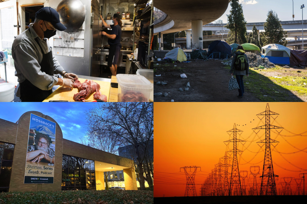 Clockwise: A man slicing meat; A person walking toward tents by a roadway; Power lines; the Crosscut building