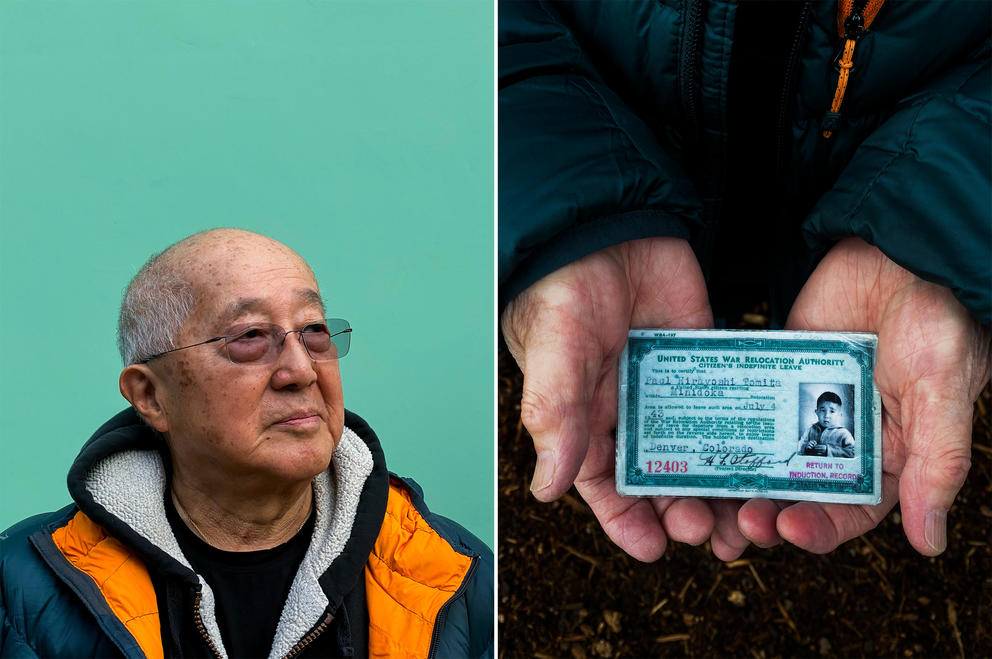 A man and his hands holding his ID card from a Japanese concentration camp