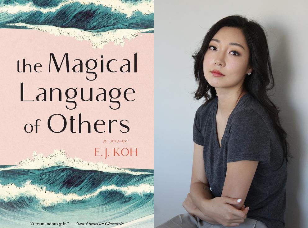 Left, pink book cover with green-blue waves saying "The Magical Language of Others," right, a woman with dark hair holding arms crossed looking at camera