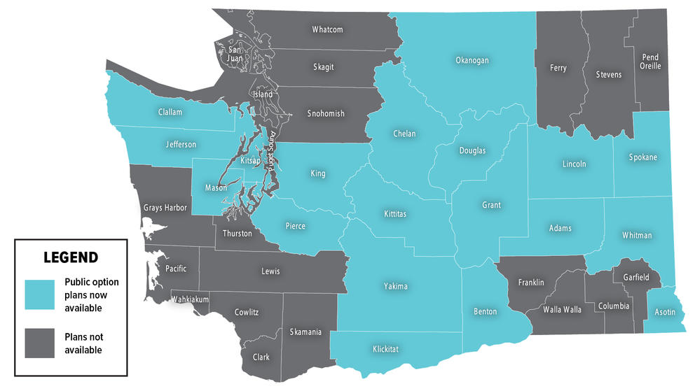 Map showing WA 20 counties that do not have public option plans in 2021