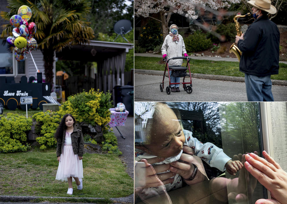 A girl standing on her lawn with birthday balloons behind her, an elderly woman wearing a face mask listening to a neighbor play the saxophone, and a baby reaching out to a hand on the other side of a glass door