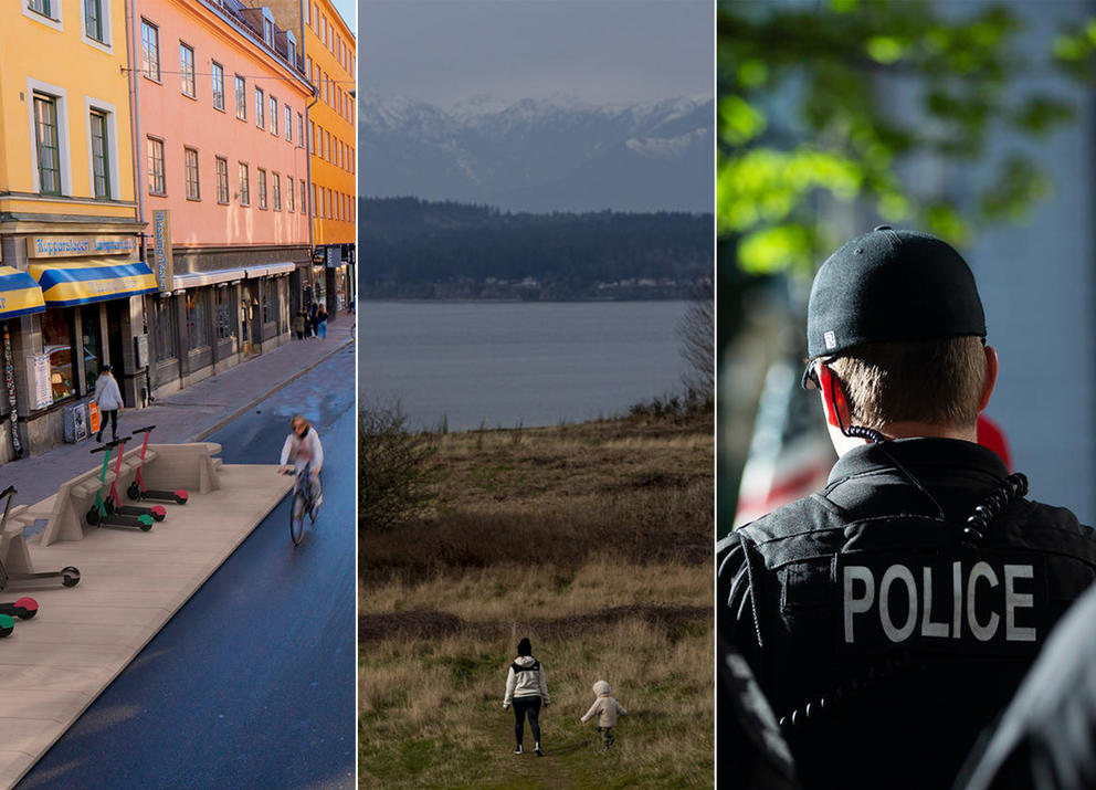 Three images: A rendering of people walking and biking on a city street, people walking in a park, and a police officer