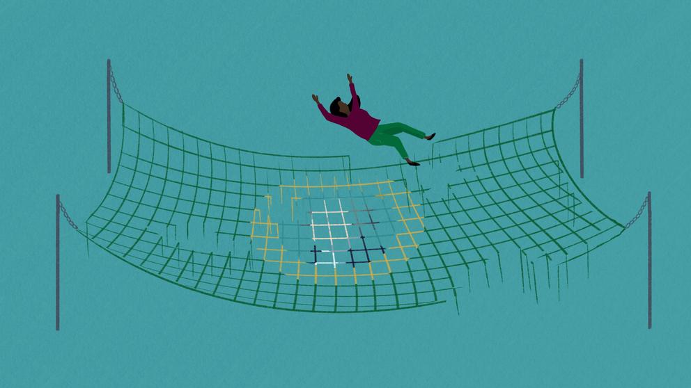 Illustration of woman falling into a tattered safety net