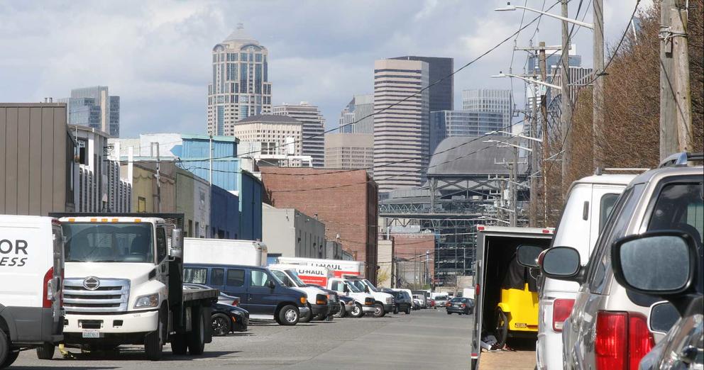 Cars cram the rights of way off Occidental Avenue, north of Landers Street, in Seattle's SODO neighborhood on Tuesday, April 2, 2018