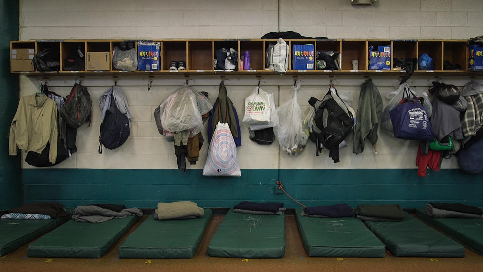 Mattresses inside a homeless shelter