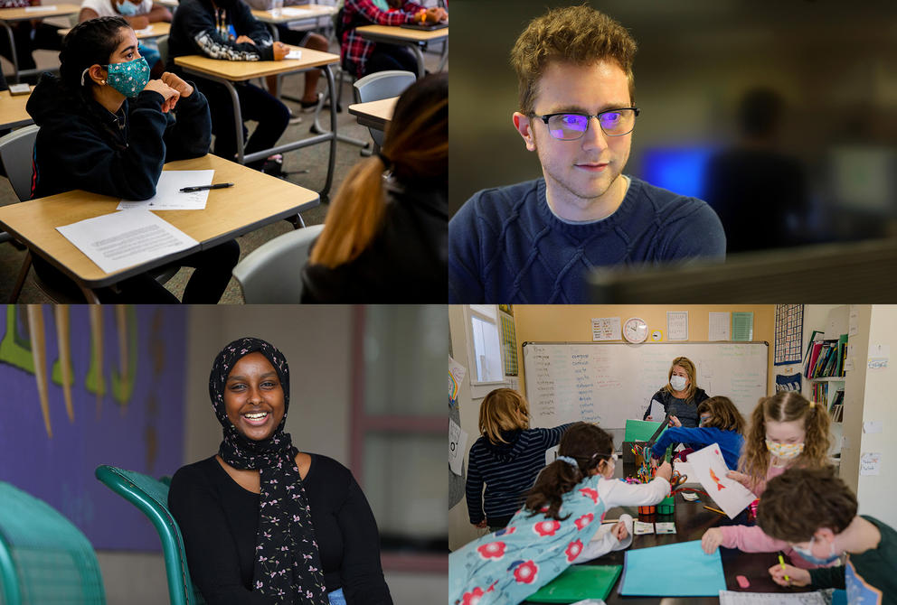 Four photos of students and teachers