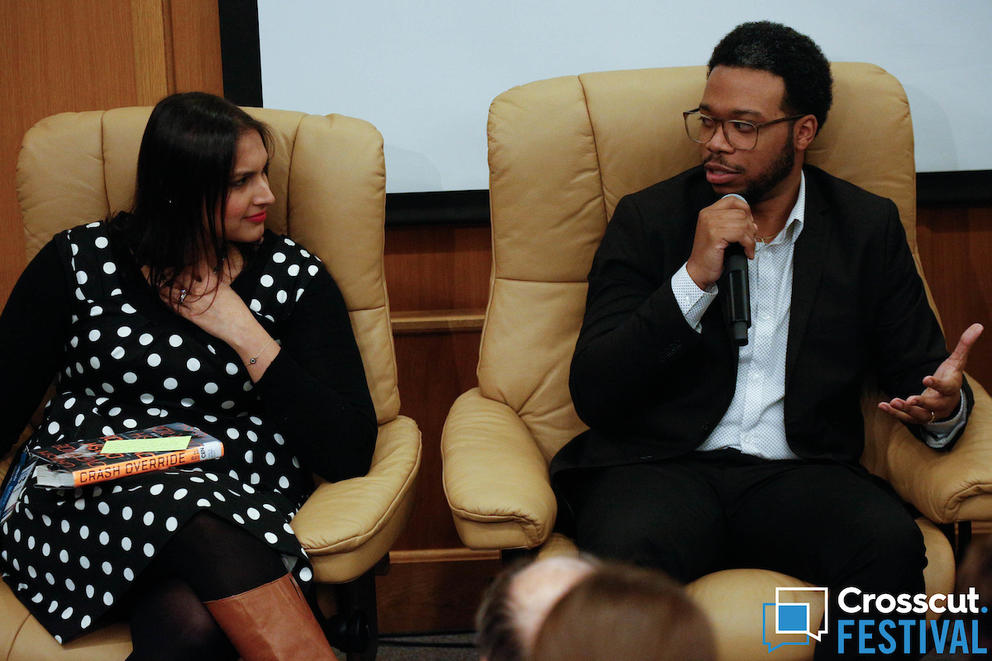 Ruchika Tulshyan and David Harris during 'How Tech Can Solve its Diversity Problem' panel at Crosscut Festival 2018 in Seattle on Feb. 3, 2018.