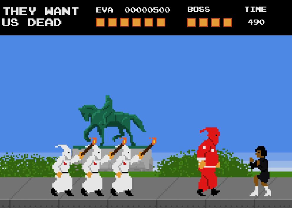 screenshot from a video game with a woman fighting off KKK members