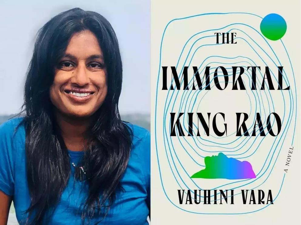 a side by side image of a woman with long dark hair in a blue shirt and a book cover reading The Immortal King Rao