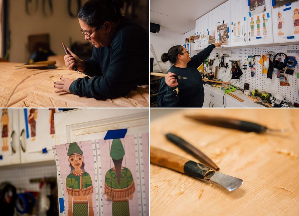 Four photos: Andrea Wilbur-Sigo at work carving a log in her studio and close ups of her carving sketchese and tools.