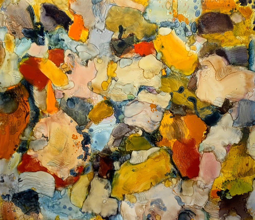 an abstract painting with splotches in multicolors