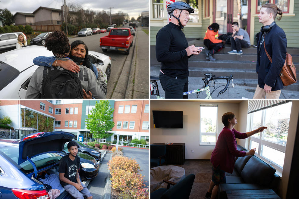 Clockwise: Two people hugging; an older man talks to a younger man; a teen sits on the bumper of his car; a woman looks out a window.