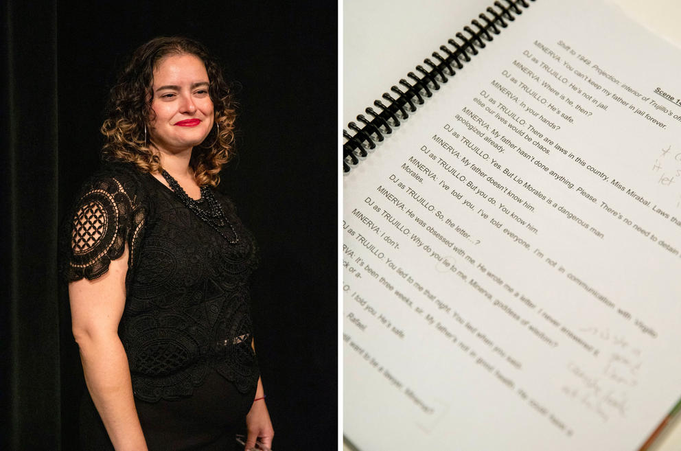 on left a medium distance portrait of a woman in a black lace top, at right a page of a play script