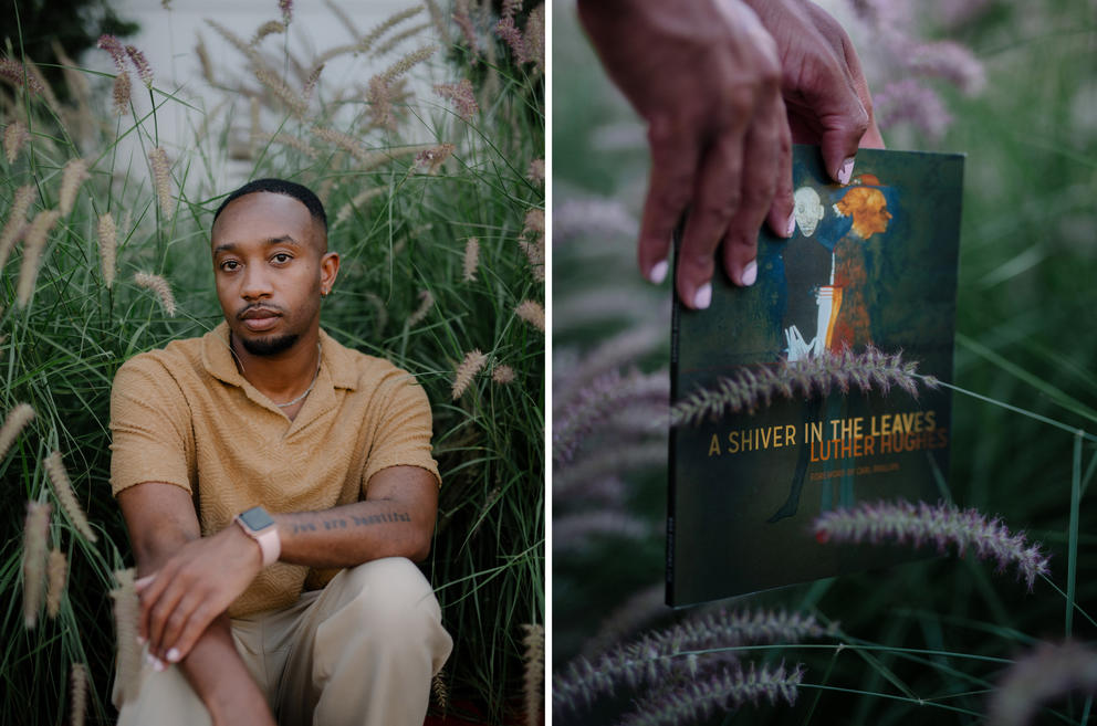 At left a medium distance portrait of a man surrounded by greenery, at left a hand holds a book titled A Shiver in the Leaves