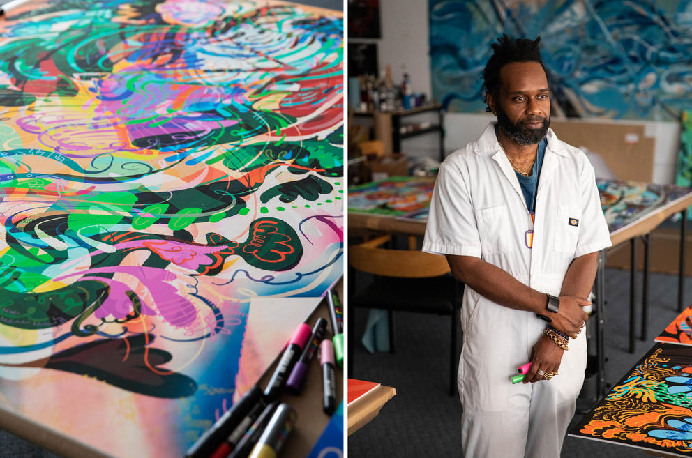 at left, colorful abstract art, at right a man in white coveralls in a studio surrounded by artwork