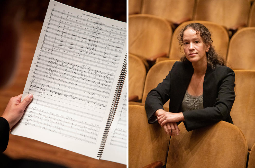 at left a sheet of music, at right a woman sits in an empty theater