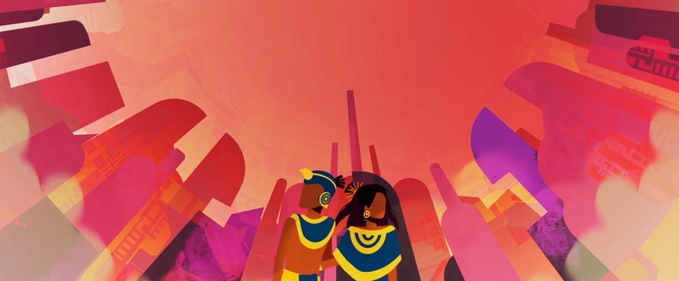 still from an animated movie, two figures in a red hued city