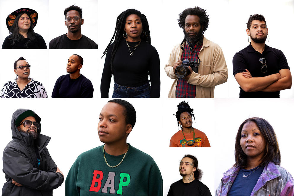 Posed portraits of artists Kimisha Turner, Perry Porter, Angelina Villalobos, Perri Rhoden, ARI Glass, Cody Kalani, Teddy “Stat” Phillips, Aramis O. Hamer, Barry Johnson, Sam Sneke, Moses Sun, Brandon Thomas, Takiyah Ward, and Future Crystals.