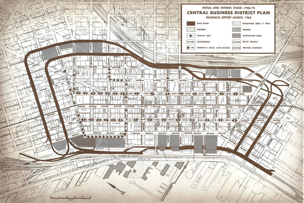 Map showing rings of highways around downtown Seattle