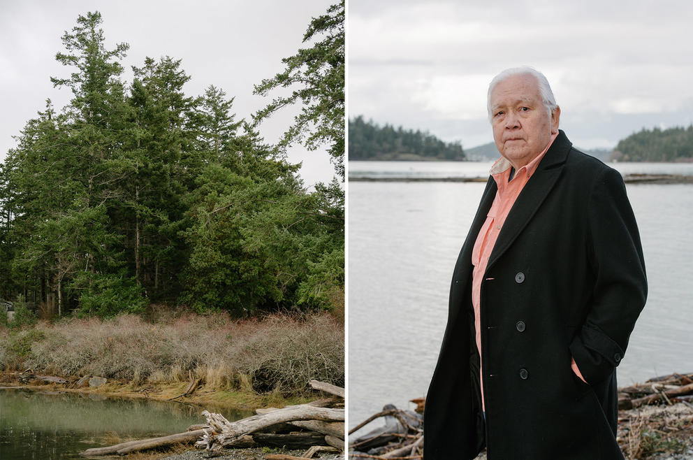 On the left, a forest can be seen in front of a body of water with logs in the foreground. On the right, a man in a black coat looks at the camera, with a body of water in the background. 