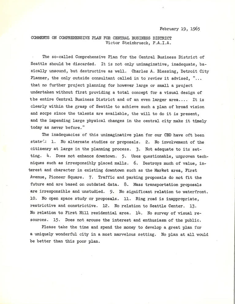 Typewritten comments from Victor Steinbrueck