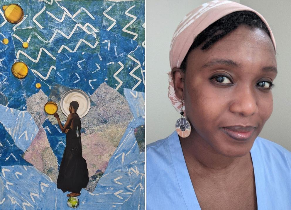 Blue-hued collage of a person in mountanous area with golden halo around the head. Right: photo of the artist with headband