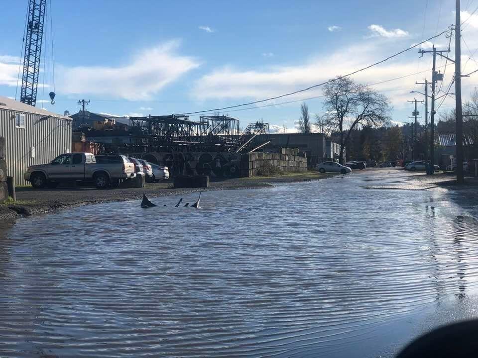 A flooded street in an industrial area